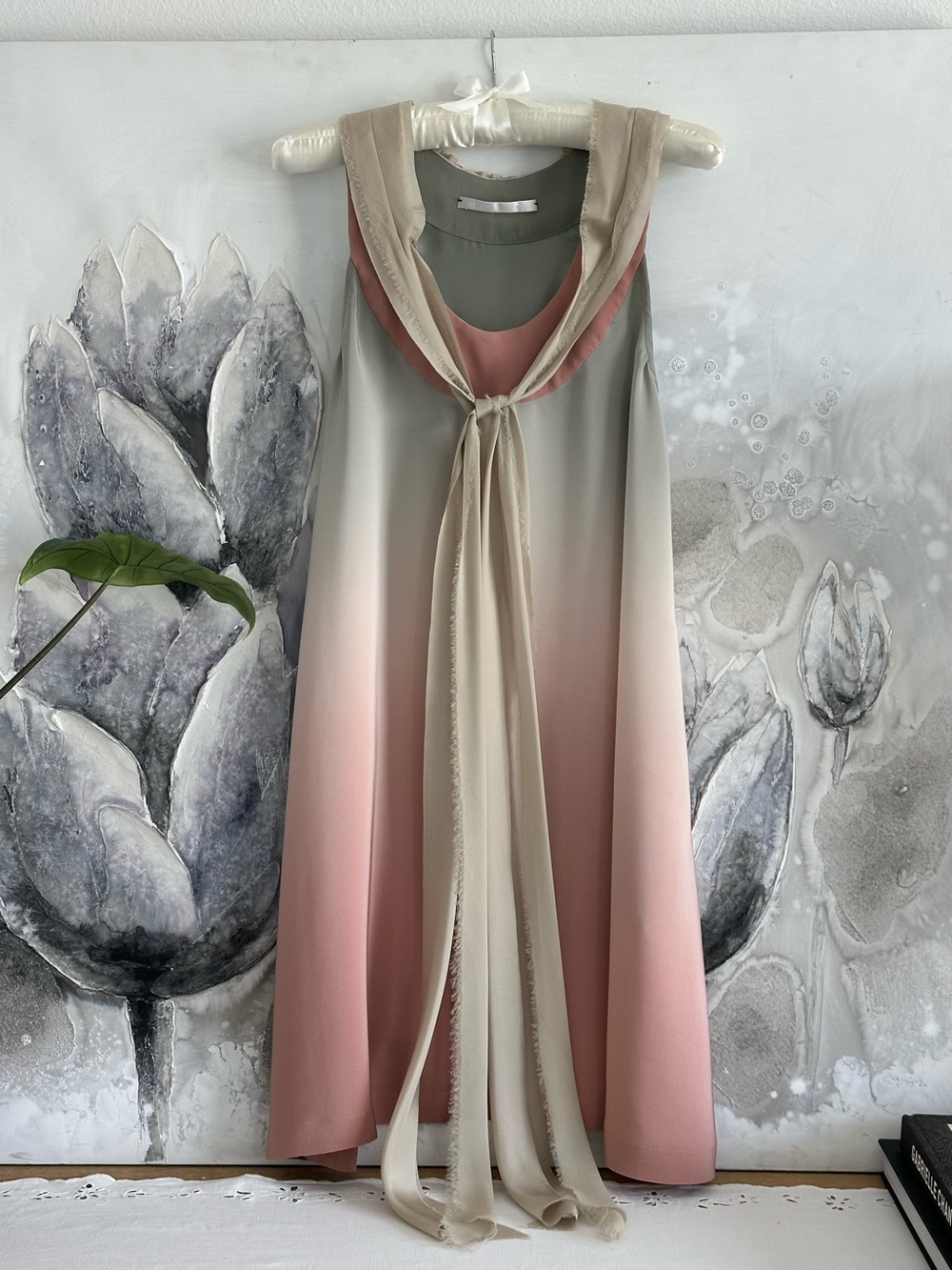 Elegant Midi Tie-Neck Silk Ombre Dress in Blush and Sage Green
